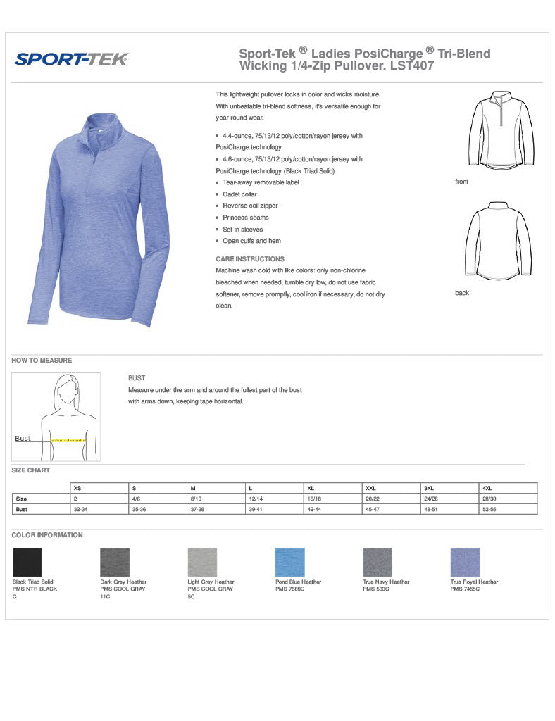 Wilford LST407 Sport-Tek ® Ladies PosiCharge ® Tri-Blend Wicking 1/4-Zip Pullover